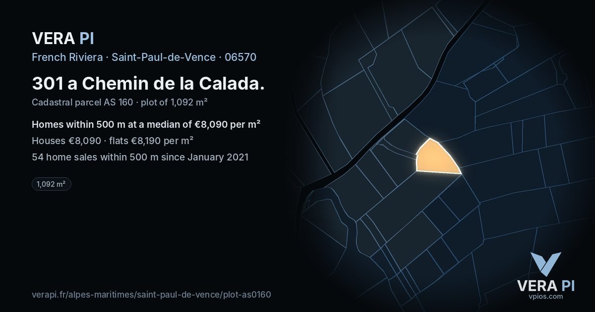 301 a Chemin de la Calada, Saint-Paul-de-Vence at night – the plot lit, the parcels around coloured by the prices near them