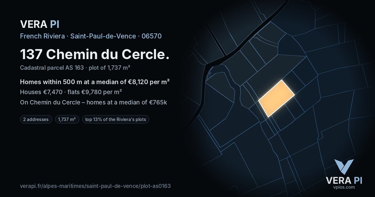 137 Chemin du Cercle, Saint-Paul-de-Vence at night – the plot lit, the parcels around coloured by the prices near them