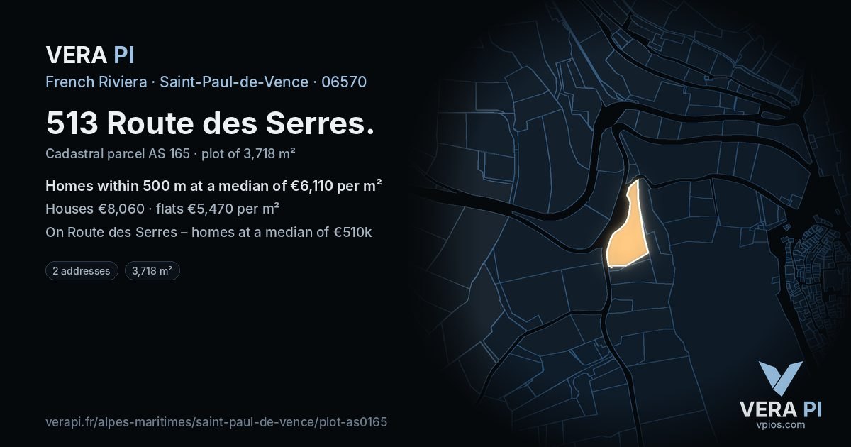 513 Route des Serres, Saint-Paul-de-Vence at night – the plot lit, the parcels around coloured by the prices near them