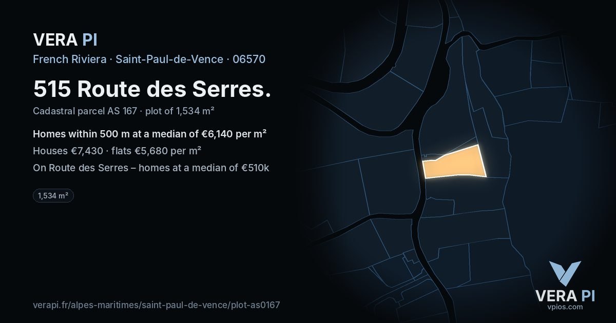 515 Route des Serres, Saint-Paul-de-Vence at night – the plot lit, the parcels around coloured by the prices near them