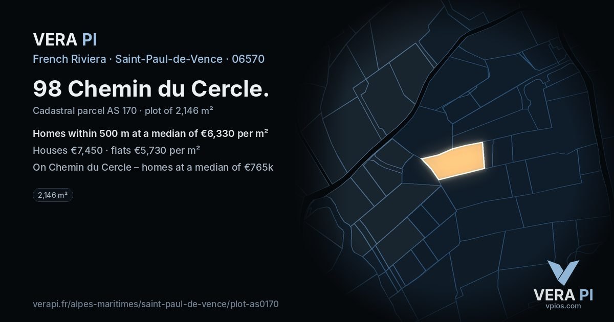 98 Chemin du Cercle, Saint-Paul-de-Vence at night – the plot lit, the parcels around coloured by the prices near them