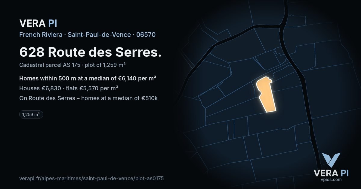 628 Route des Serres, Saint-Paul-de-Vence at night – the plot lit, the parcels around coloured by the prices near them