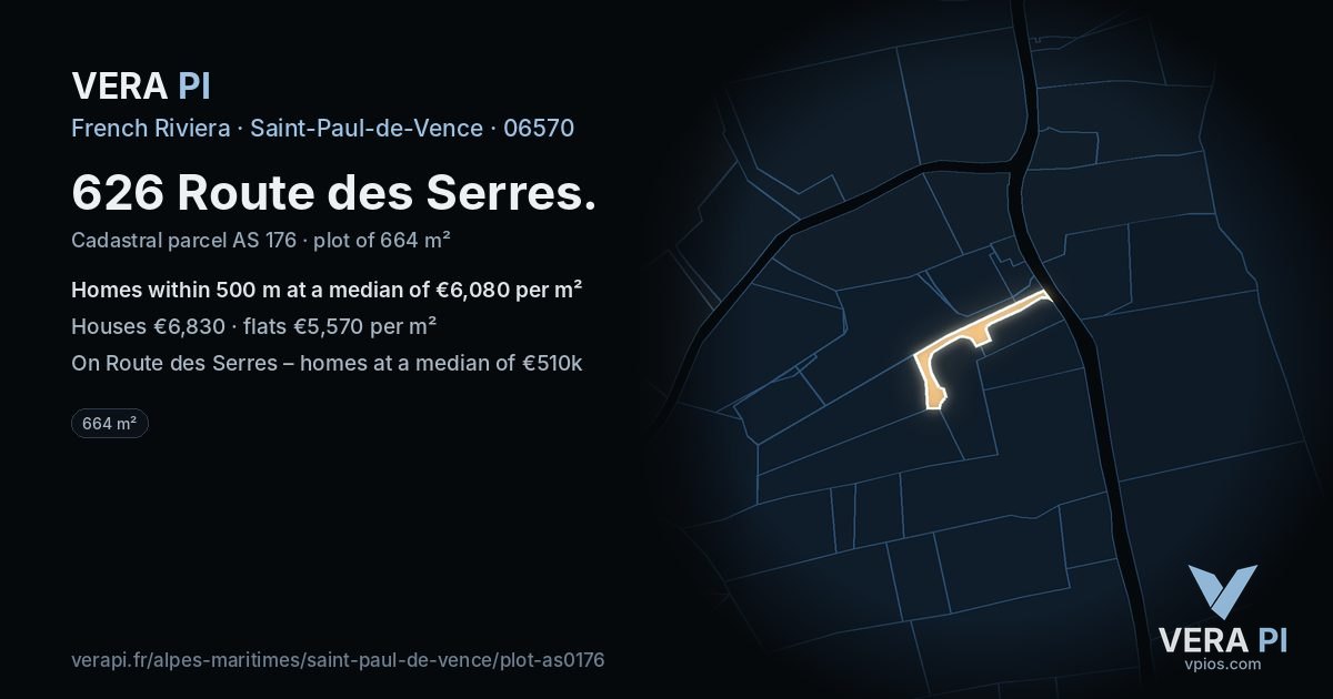 626 Route des Serres, Saint-Paul-de-Vence at night – the plot lit, the parcels around coloured by the prices near them