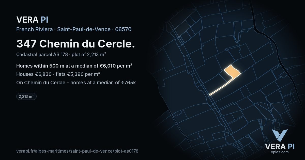 347 Chemin du Cercle, Saint-Paul-de-Vence at night – the plot lit, the parcels around coloured by the prices near them