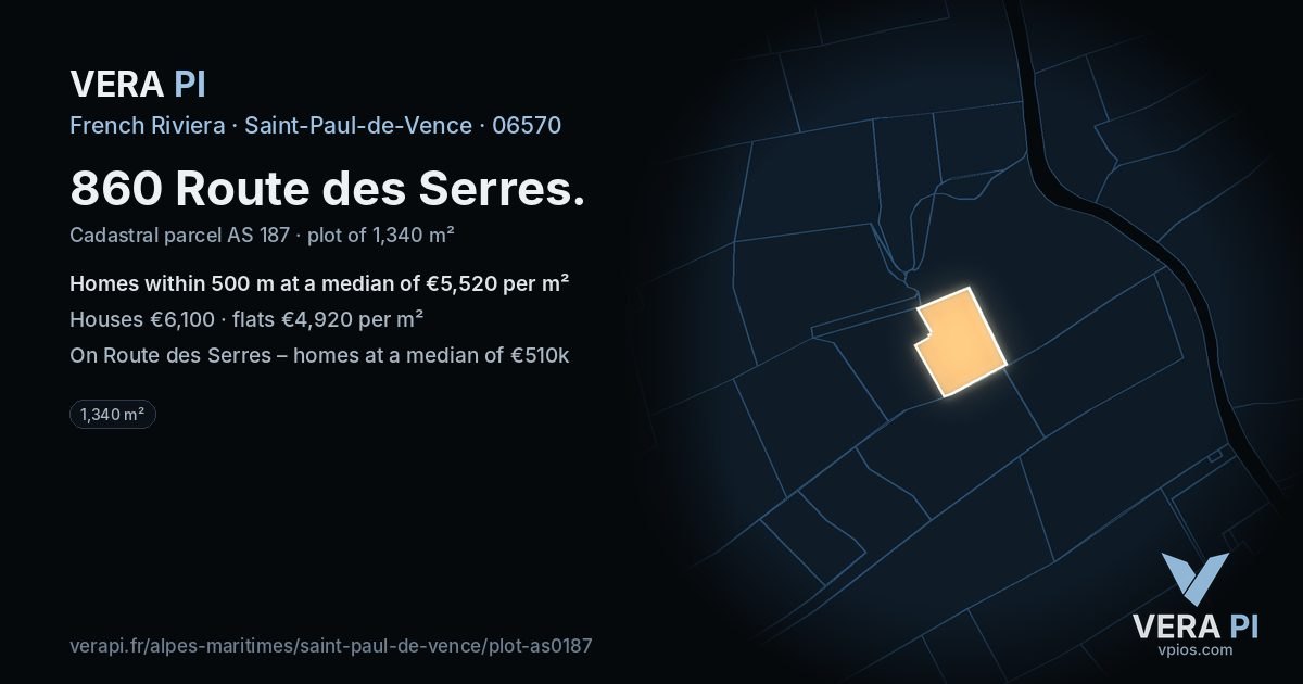 860 Route des Serres, Saint-Paul-de-Vence at night – the plot lit, the parcels around coloured by the prices near them