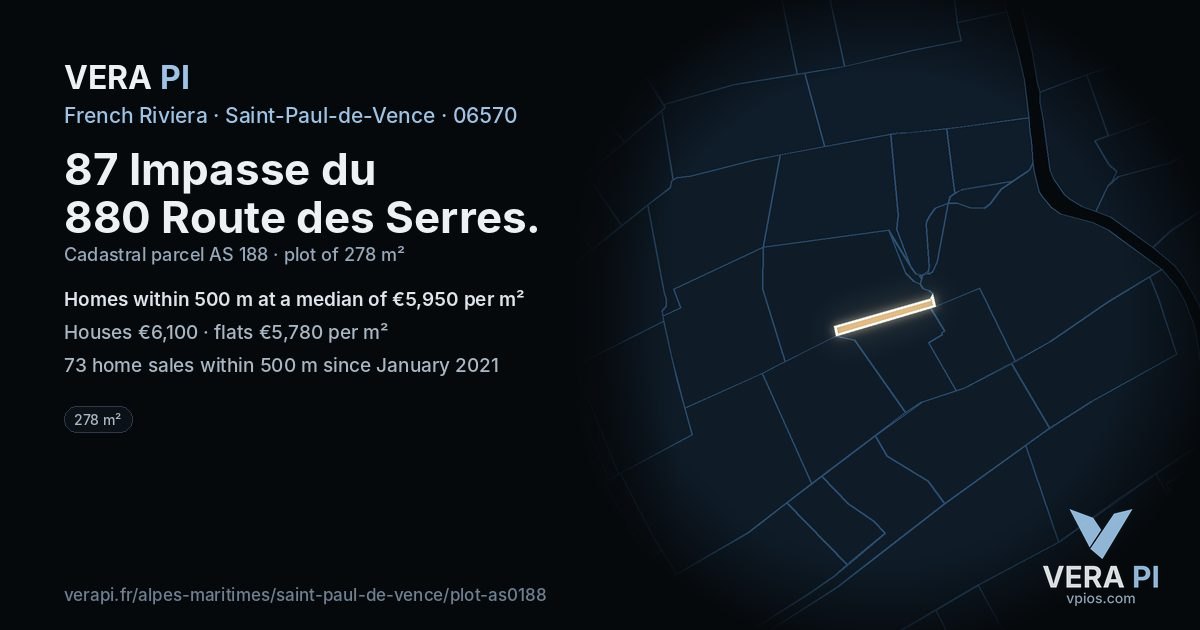 87 Impasse du 880 Route des Serres, Saint-Paul-de-Vence at night – the plot lit, the parcels around coloured by the prices near them