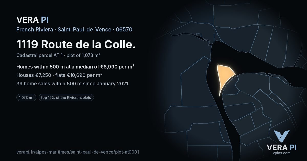1119 Route de la Colle, Saint-Paul-de-Vence at night – the plot lit, the parcels around coloured by the prices near them