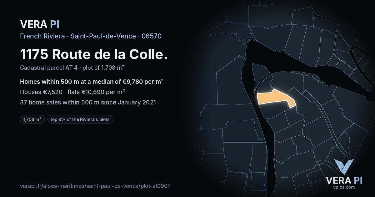 1175 Route de la Colle, Saint-Paul-de-Vence at night – the plot lit, the parcels around coloured by the prices near them