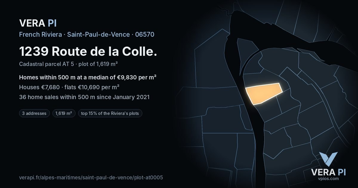 1239 Route de la Colle, Saint-Paul-de-Vence at night – the plot lit, the parcels around coloured by the prices near them