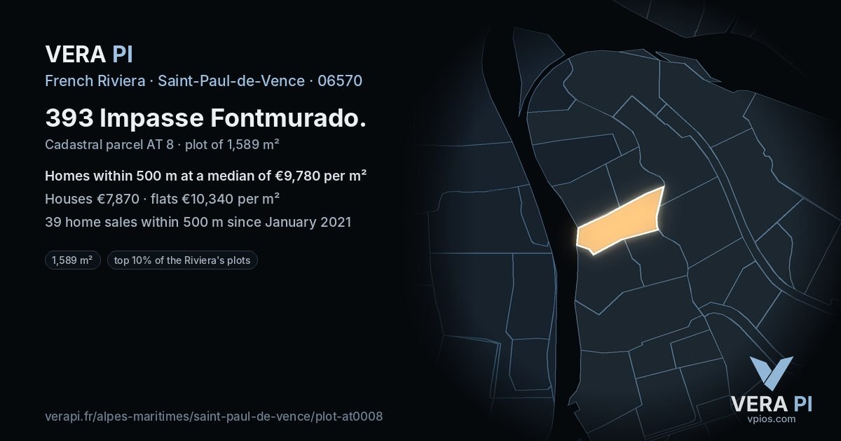 393 Impasse Fontmurado, Saint-Paul-de-Vence at night – the plot lit, the parcels around coloured by the prices near them