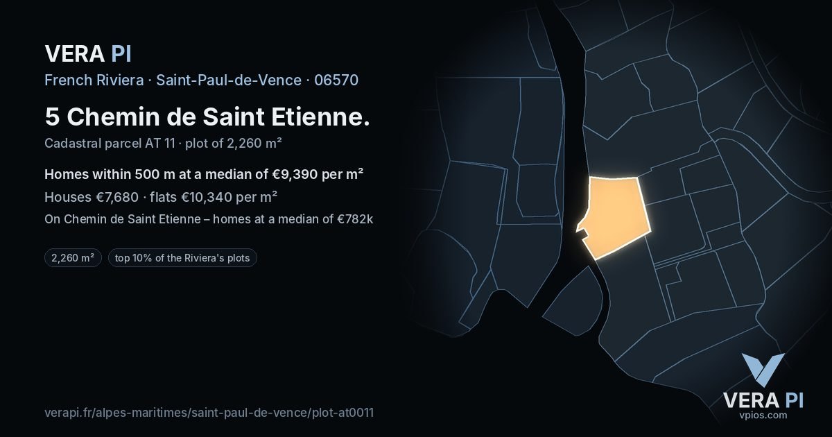 5 Chemin de Saint Etienne, Saint-Paul-de-Vence at night – the plot lit, the parcels around coloured by the prices near them