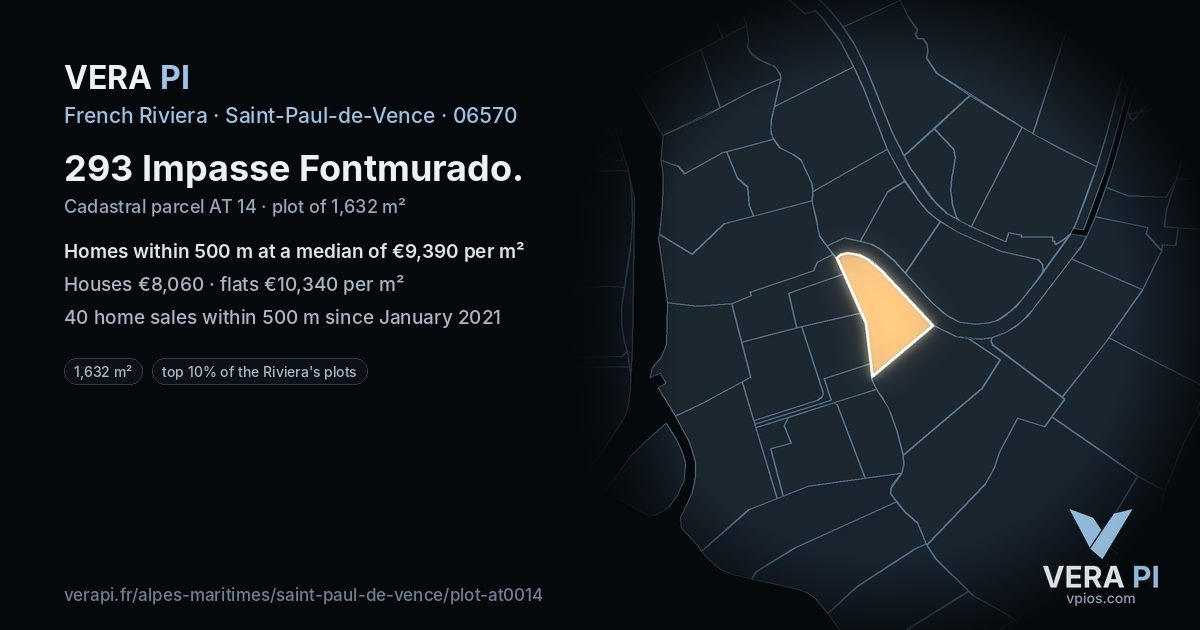 293 Impasse Fontmurado, Saint-Paul-de-Vence at night – the plot lit, the parcels around coloured by the prices near them
