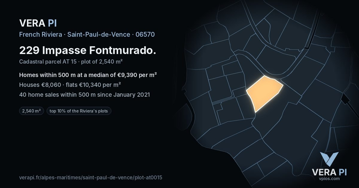 229 Impasse Fontmurado, Saint-Paul-de-Vence at night – the plot lit, the parcels around coloured by the prices near them