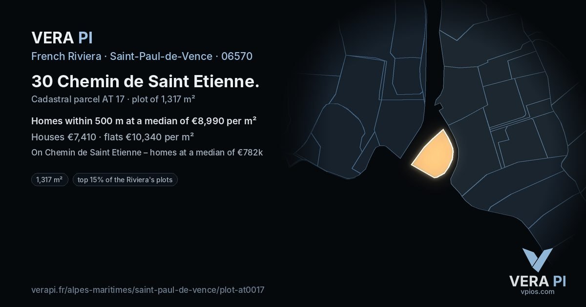 30 Chemin de Saint Etienne, Saint-Paul-de-Vence at night – the plot lit, the parcels around coloured by the prices near them