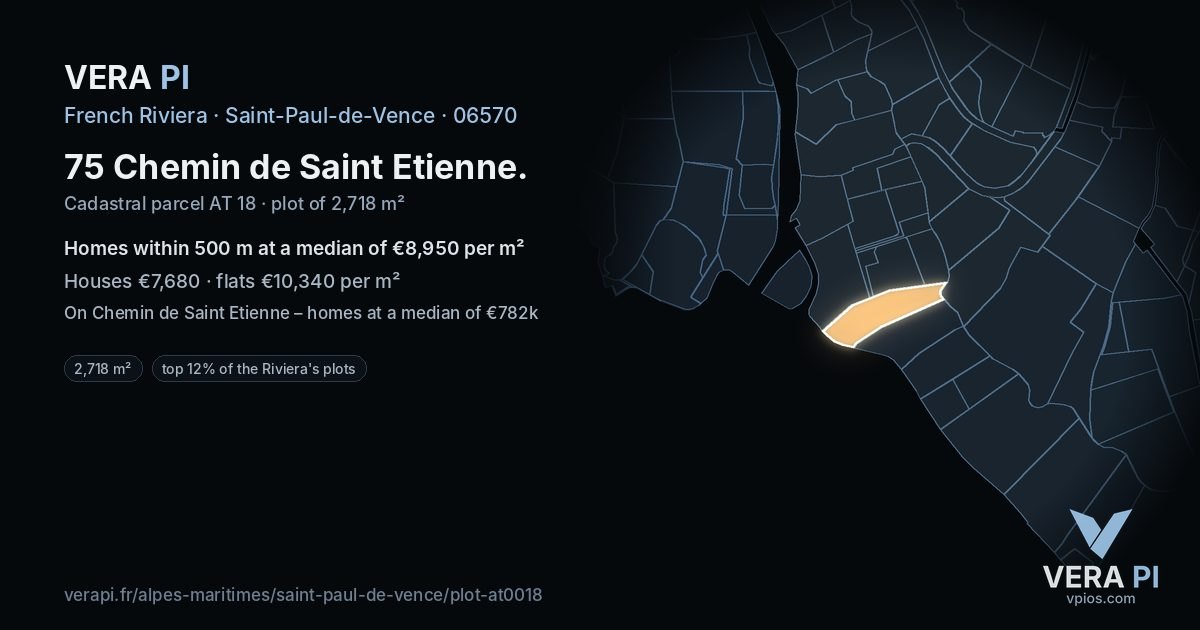 75 Chemin de Saint Etienne, Saint-Paul-de-Vence at night – the plot lit, the parcels around coloured by the prices near them