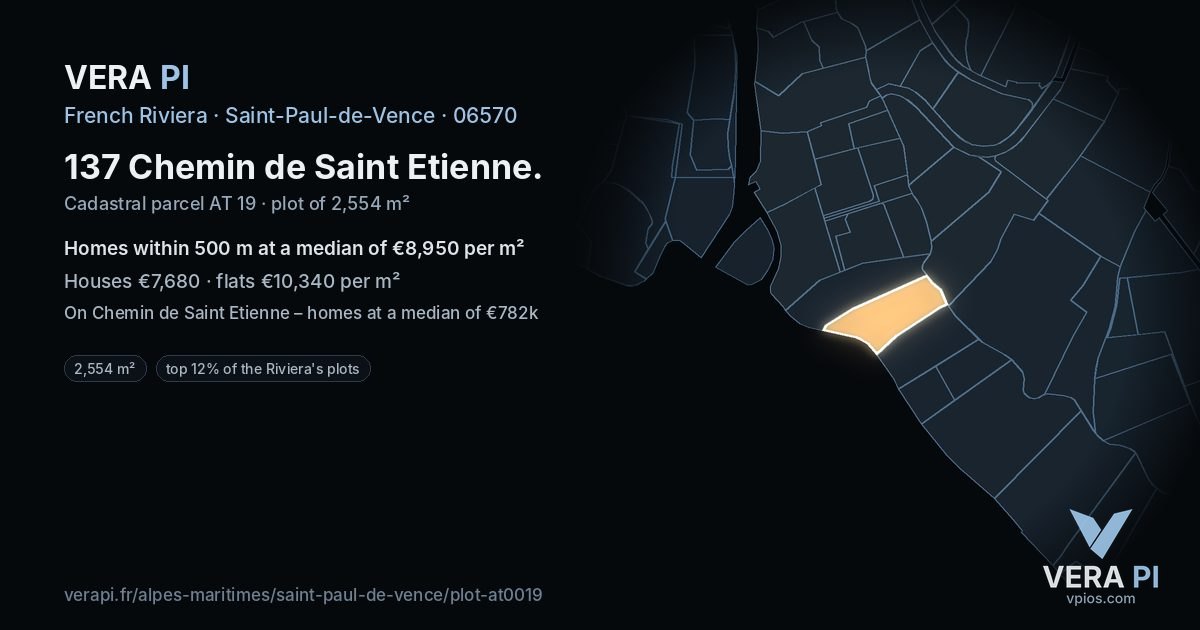 137 Chemin de Saint Etienne, Saint-Paul-de-Vence at night – the plot lit, the parcels around coloured by the prices near them