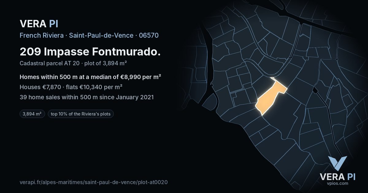 209 Impasse Fontmurado, Saint-Paul-de-Vence at night – the plot lit, the parcels around coloured by the prices near them