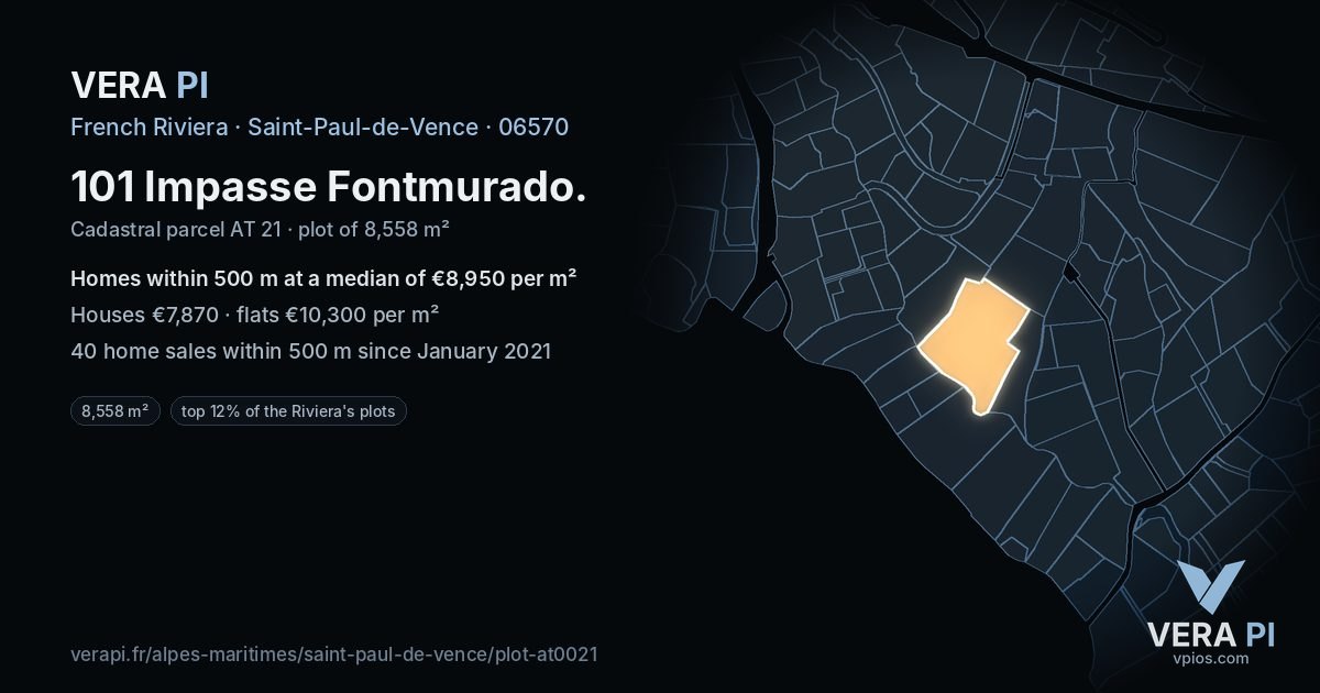 101 Impasse Fontmurado, Saint-Paul-de-Vence at night – the plot lit, the parcels around coloured by the prices near them