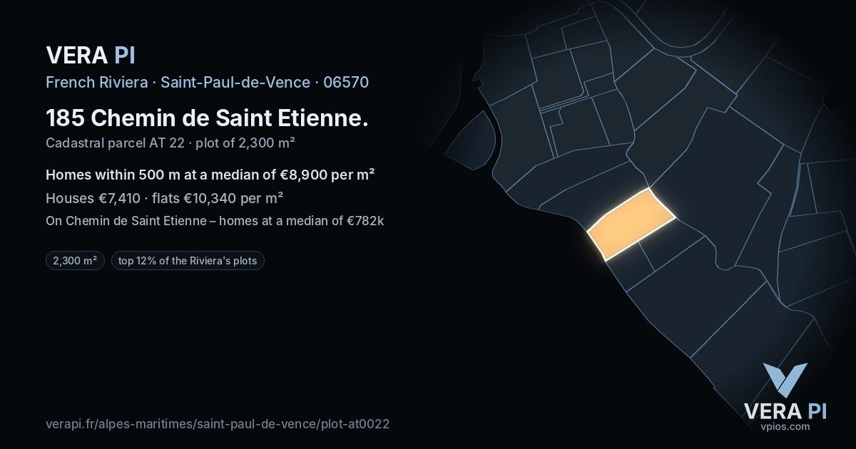 185 Chemin de Saint Etienne, Saint-Paul-de-Vence at night – the plot lit, the parcels around coloured by the prices near them