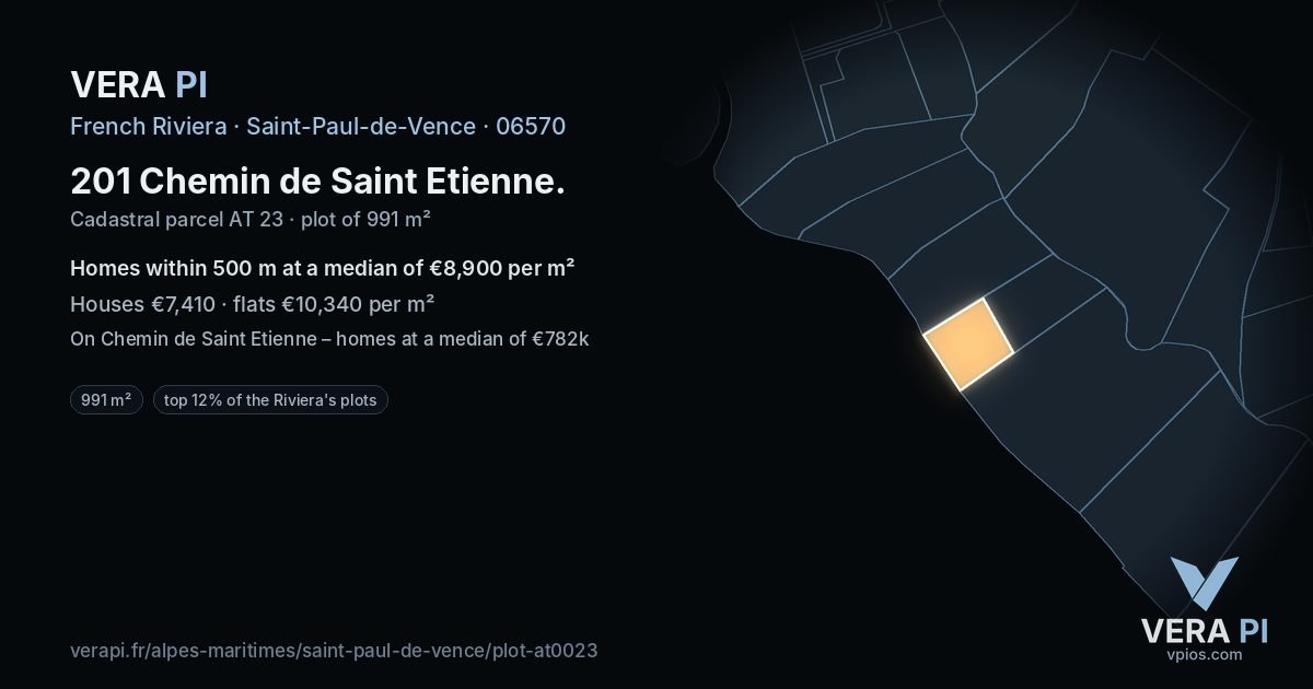 201 Chemin de Saint Etienne, Saint-Paul-de-Vence at night – the plot lit, the parcels around coloured by the prices near them