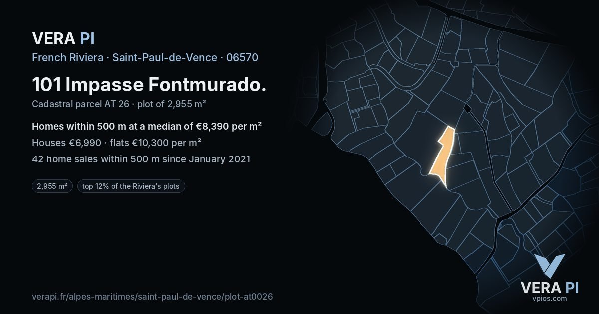 101 Impasse Fontmurado, Saint-Paul-de-Vence at night – the plot lit, the parcels around coloured by the prices near them