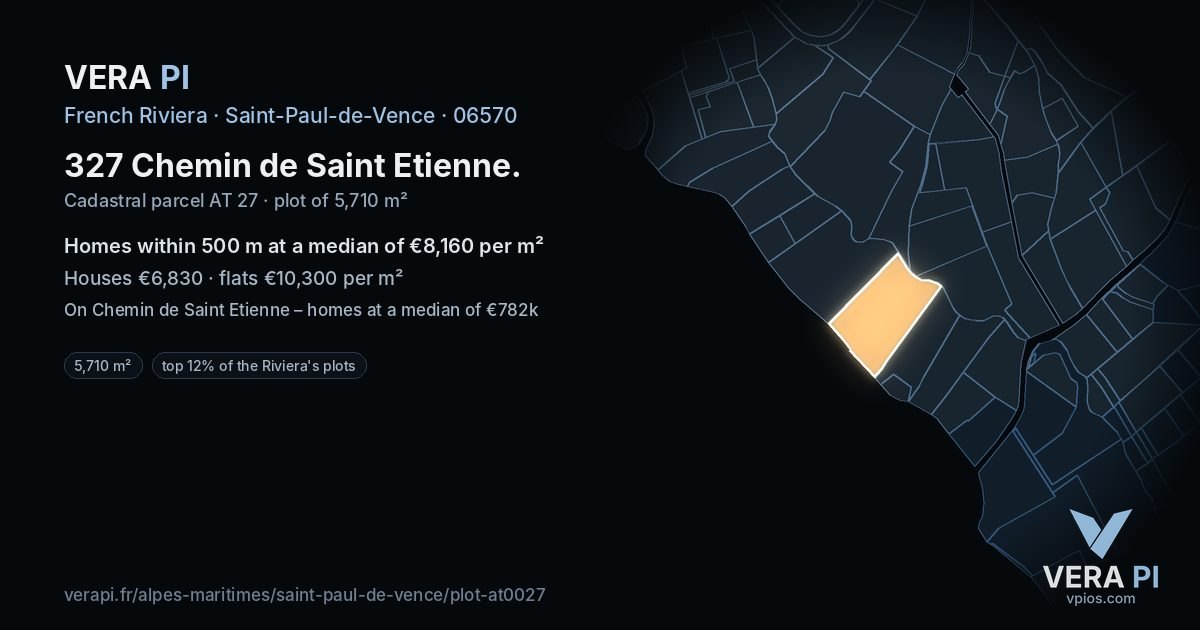 327 Chemin de Saint Etienne, Saint-Paul-de-Vence at night – the plot lit, the parcels around coloured by the prices near them