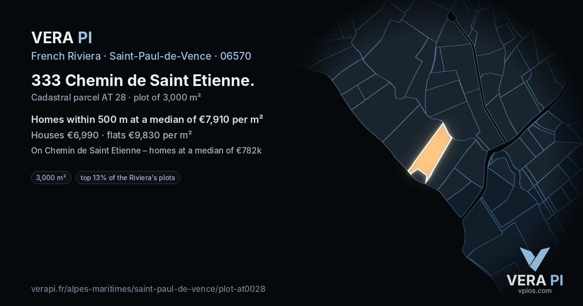 333 Chemin de Saint Etienne, Saint-Paul-de-Vence at night – the plot lit, the parcels around coloured by the prices near them