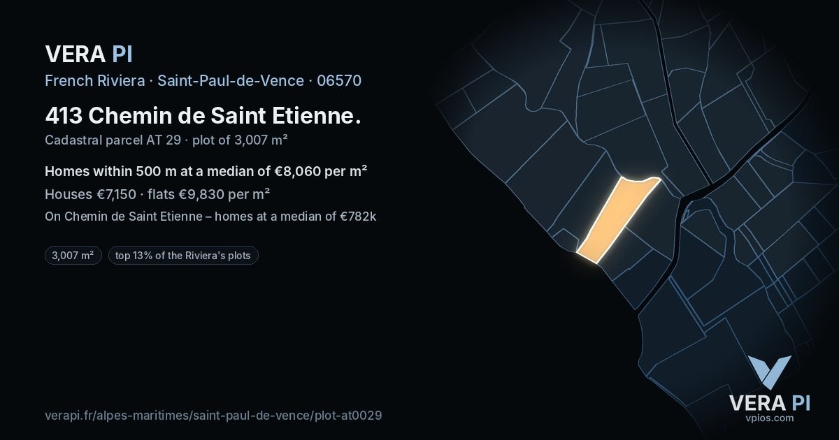 413 Chemin de Saint Etienne, Saint-Paul-de-Vence at night – the plot lit, the parcels around coloured by the prices near them