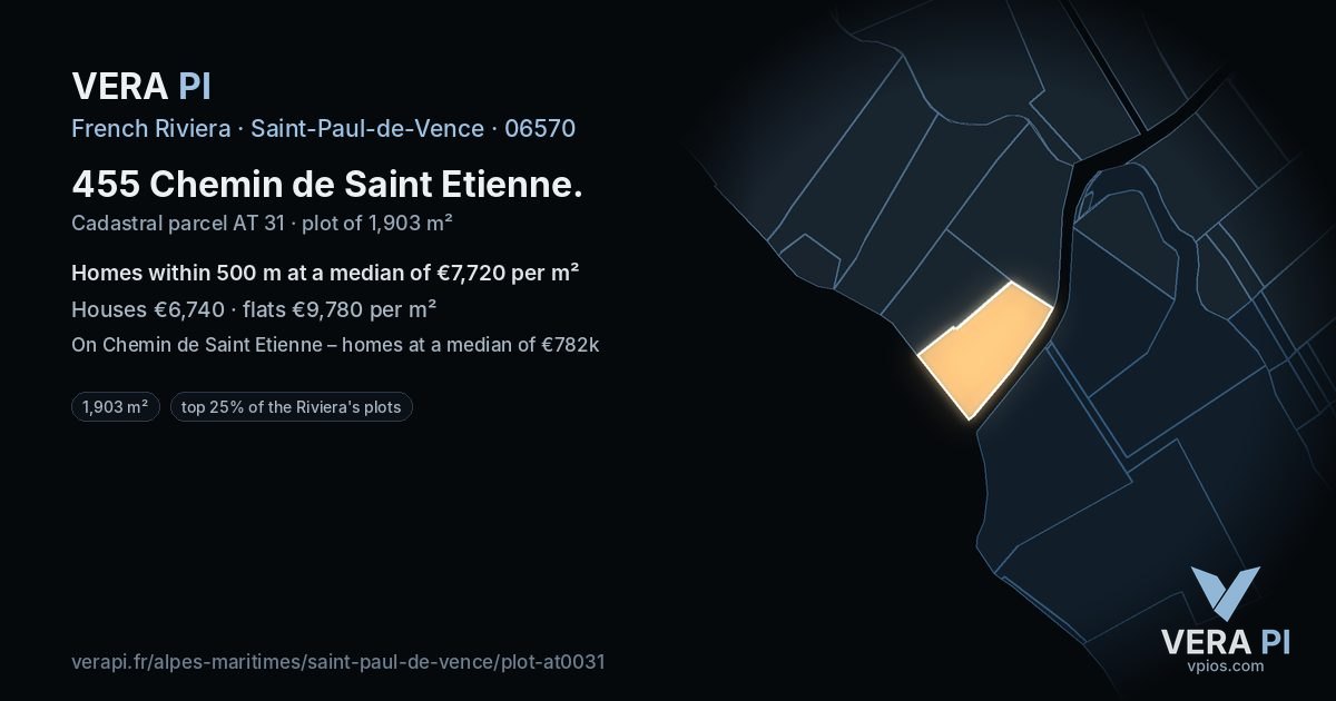 455 Chemin de Saint Etienne, Saint-Paul-de-Vence at night – the plot lit, the parcels around coloured by the prices near them