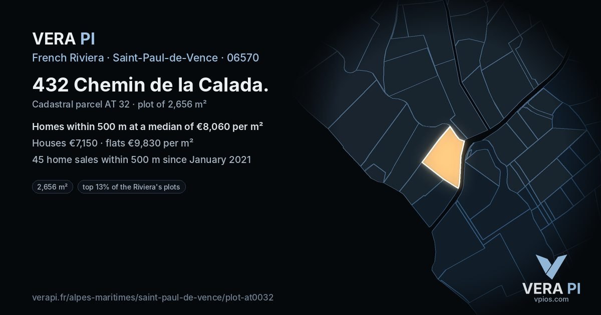 432 Chemin de la Calada, Saint-Paul-de-Vence at night – the plot lit, the parcels around coloured by the prices near them