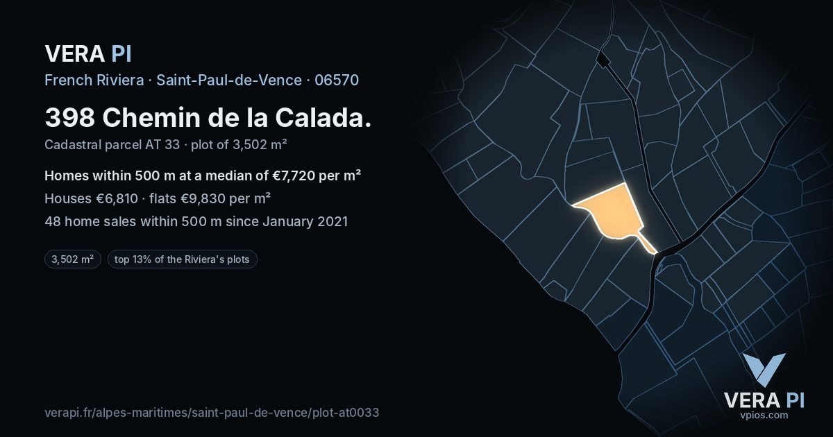 398 Chemin de la Calada, Saint-Paul-de-Vence at night – the plot lit, the parcels around coloured by the prices near them