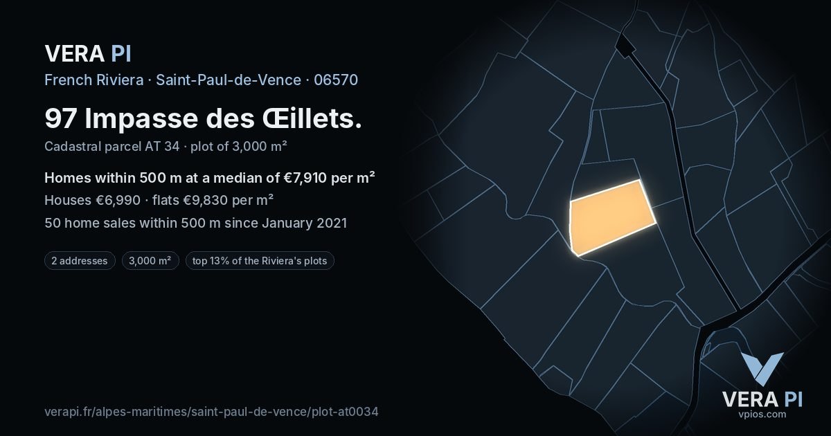 97 Impasse des Œillets, Saint-Paul-de-Vence at night – the plot lit, the parcels around coloured by the prices near them