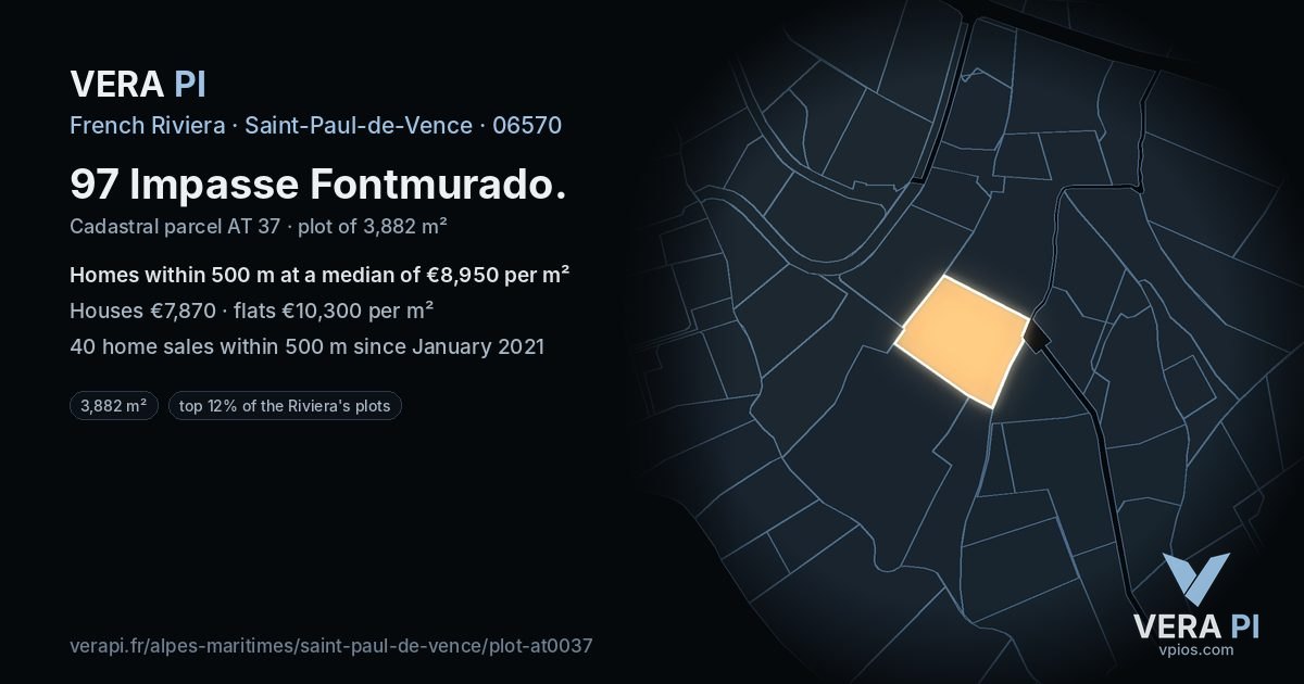97 Impasse Fontmurado, Saint-Paul-de-Vence at night – the plot lit, the parcels around coloured by the prices near them