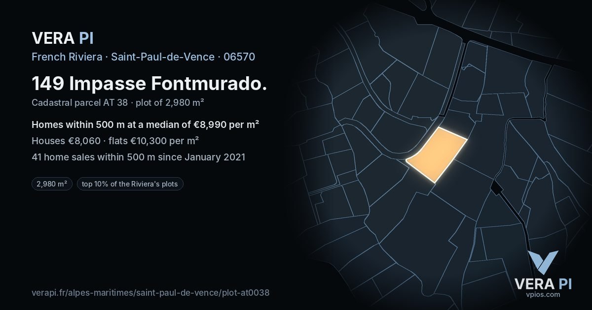 149 Impasse Fontmurado, Saint-Paul-de-Vence at night – the plot lit, the parcels around coloured by the prices near them
