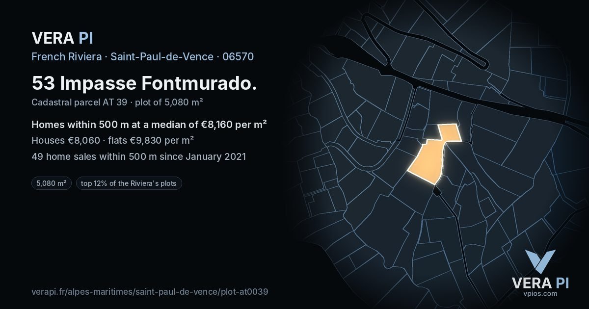 53 Impasse Fontmurado, Saint-Paul-de-Vence at night – the plot lit, the parcels around coloured by the prices near them
