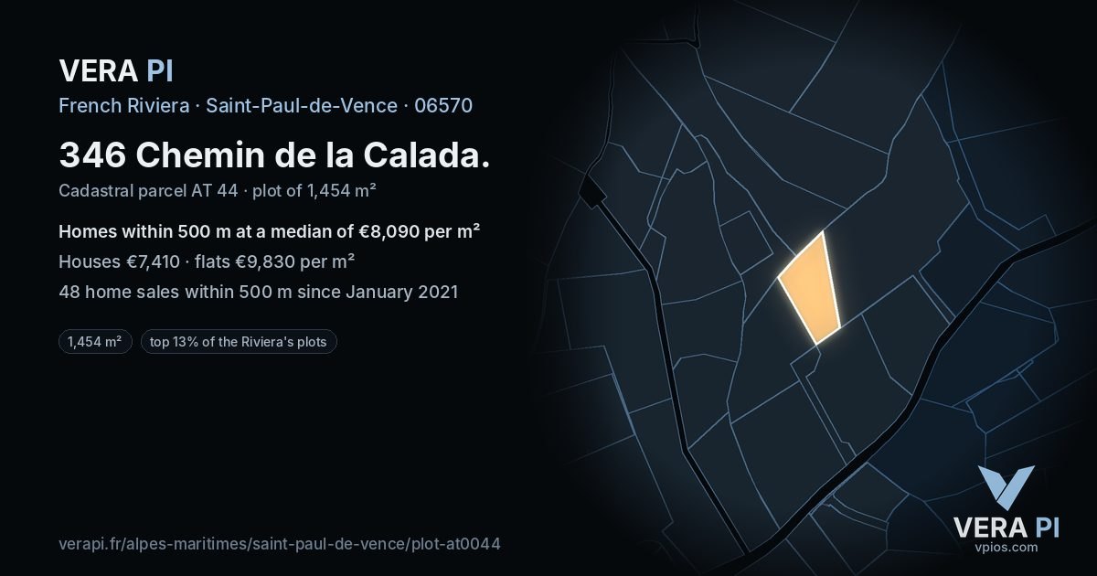 346 Chemin de la Calada, Saint-Paul-de-Vence at night – the plot lit, the parcels around coloured by the prices near them
