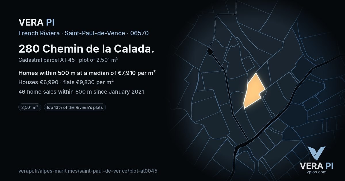 280 Chemin de la Calada, Saint-Paul-de-Vence at night – the plot lit, the parcels around coloured by the prices near them