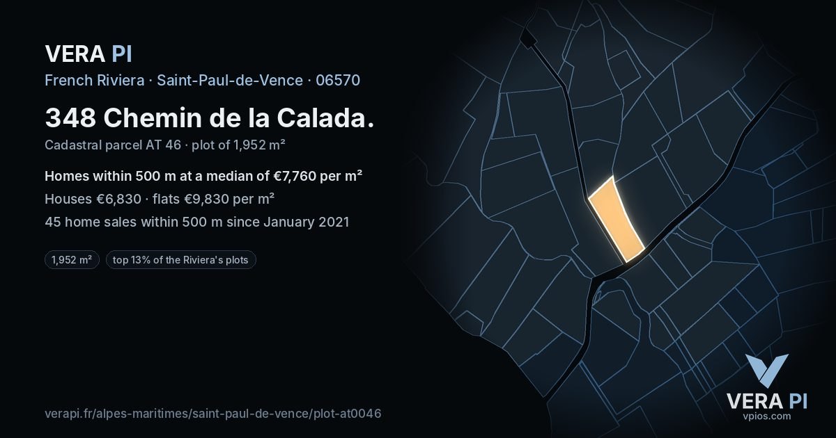 348 Chemin de la Calada, Saint-Paul-de-Vence at night – the plot lit, the parcels around coloured by the prices near them