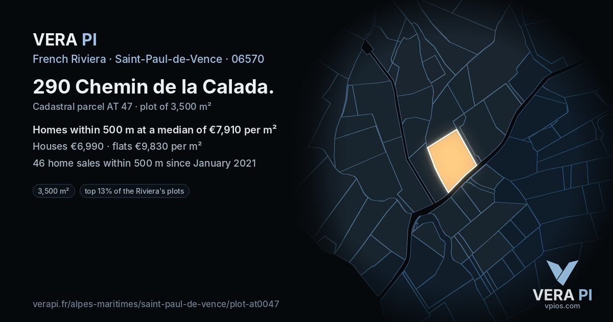 290 Chemin de la Calada, Saint-Paul-de-Vence at night – the plot lit, the parcels around coloured by the prices near them