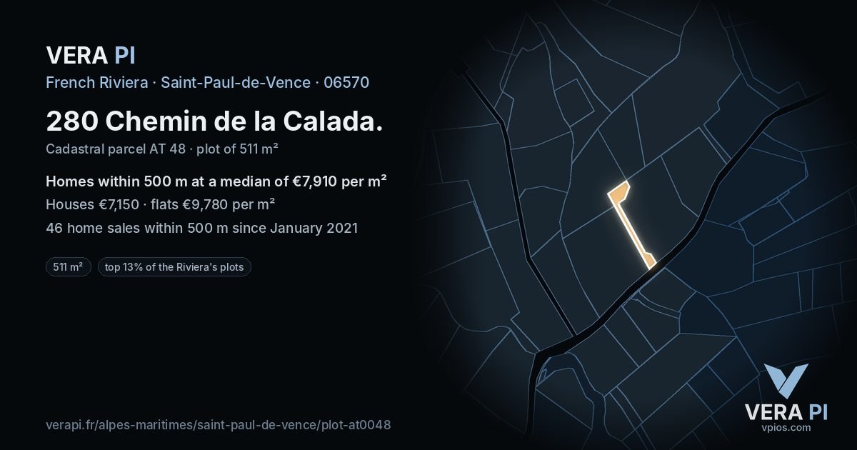 280 Chemin de la Calada, Saint-Paul-de-Vence at night – the plot lit, the parcels around coloured by the prices near them