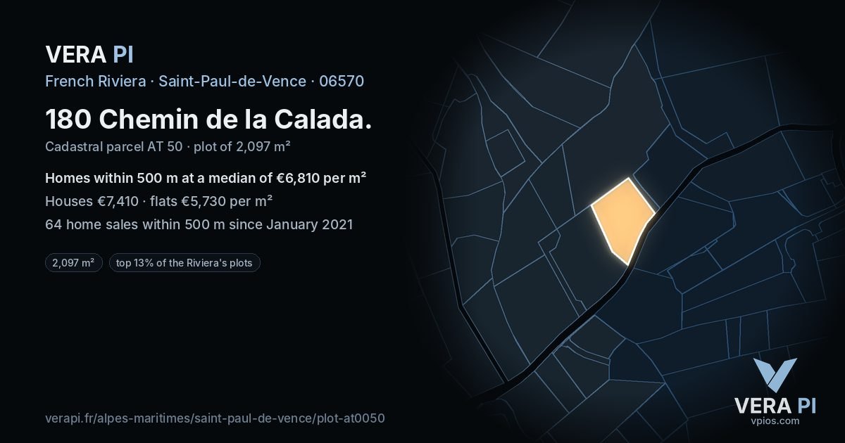 180 Chemin de la Calada, Saint-Paul-de-Vence at night – the plot lit, the parcels around coloured by the prices near them
