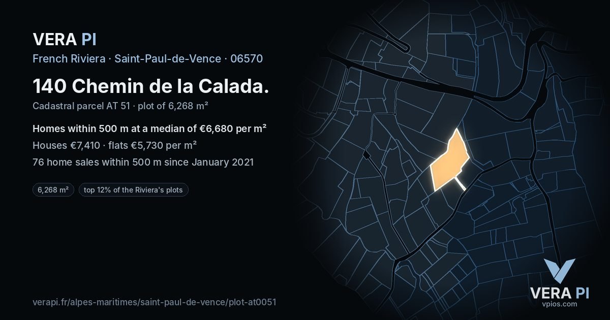 140 Chemin de la Calada, Saint-Paul-de-Vence at night – the plot lit, the parcels around coloured by the prices near them