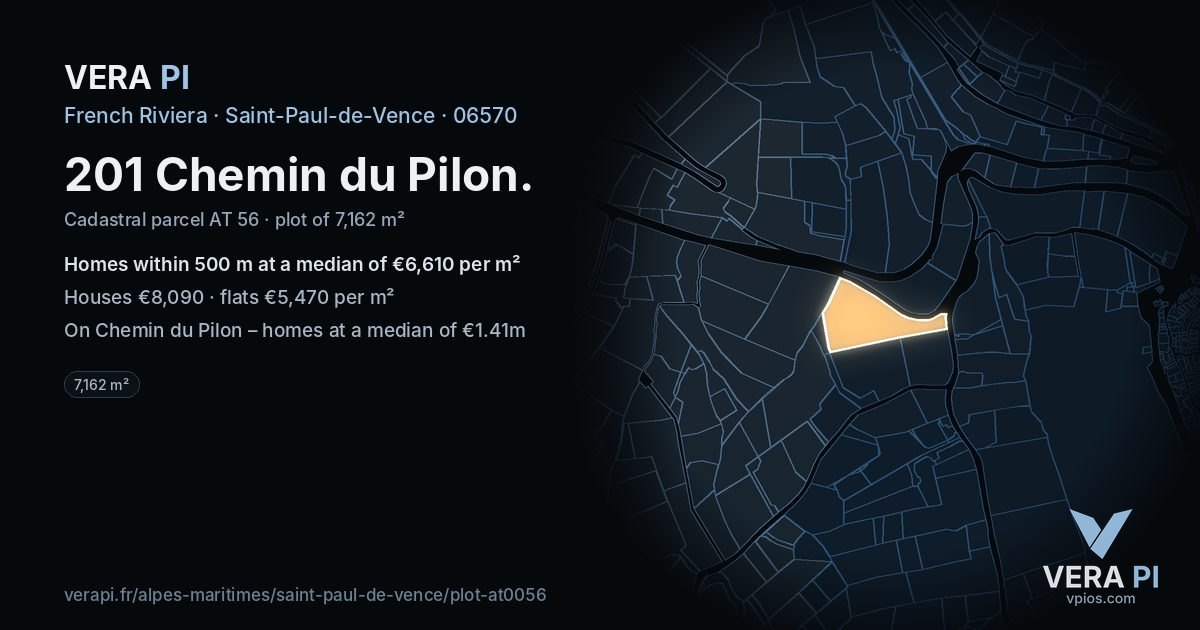 201 Chemin du Pilon, Saint-Paul-de-Vence at night – the plot lit, the parcels around coloured by the prices near them
