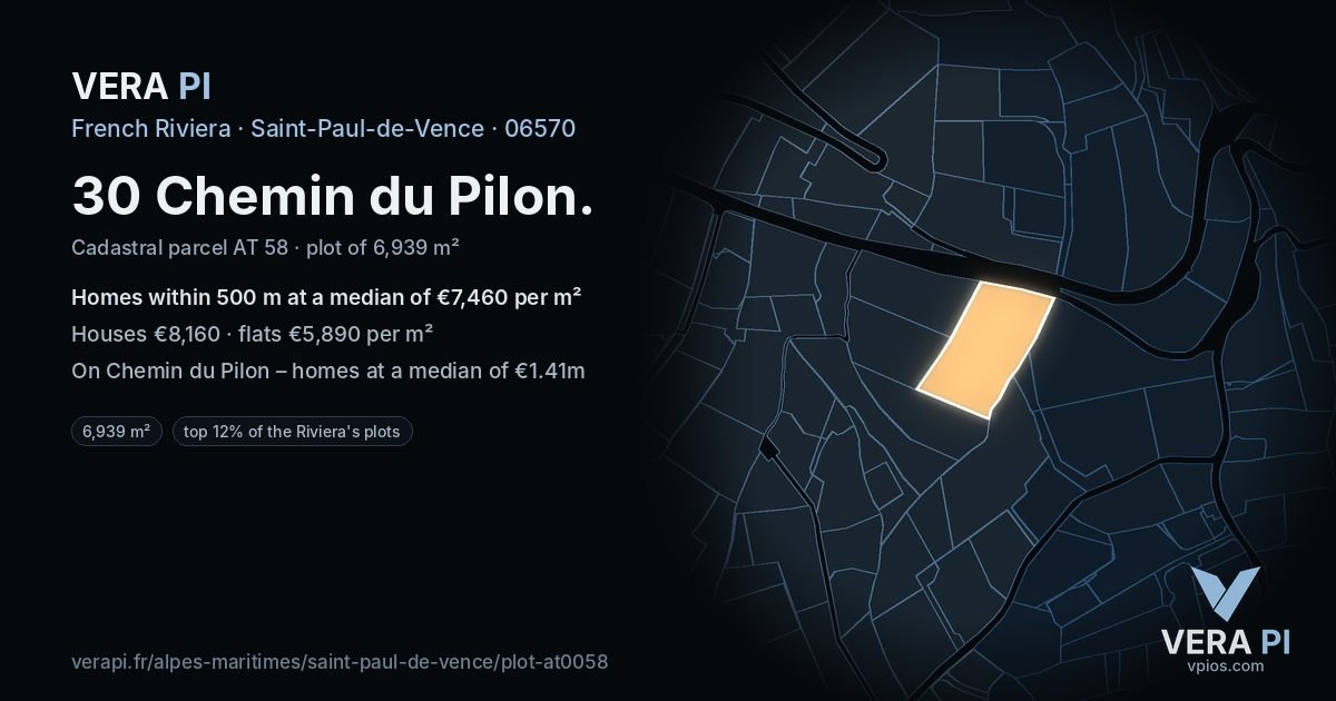 30 Chemin du Pilon, Saint-Paul-de-Vence at night – the plot lit, the parcels around coloured by the prices near them
