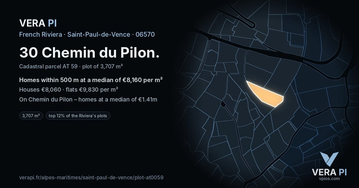30 Chemin du Pilon, Saint-Paul-de-Vence at night – the plot lit, the parcels around coloured by the prices near them
