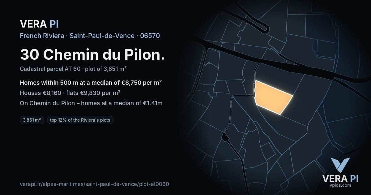 30 Chemin du Pilon, Saint-Paul-de-Vence at night – the plot lit, the parcels around coloured by the prices near them