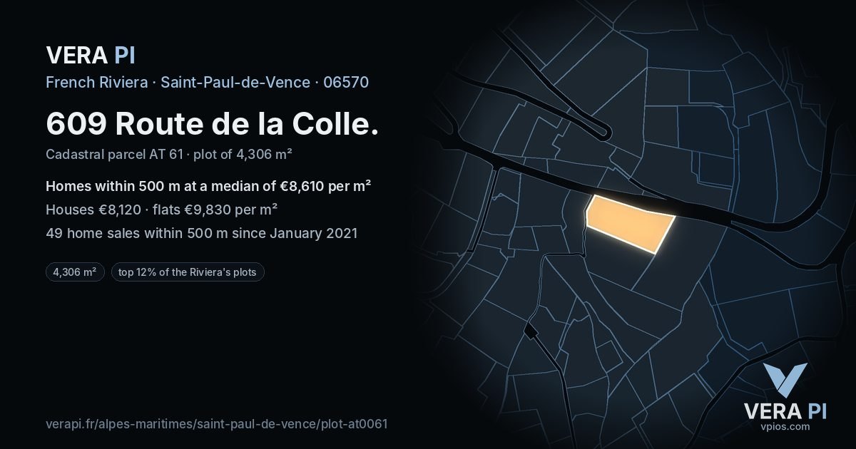 609 Route de la Colle, Saint-Paul-de-Vence at night – the plot lit, the parcels around coloured by the prices near them
