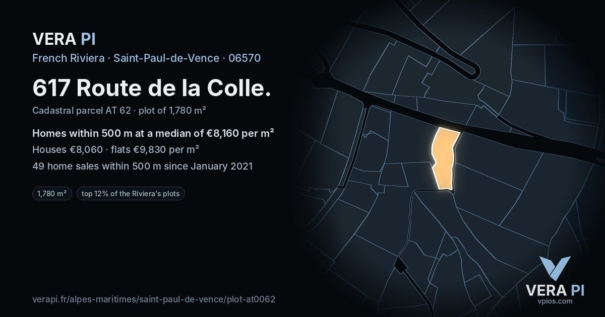 617 Route de la Colle, Saint-Paul-de-Vence at night – the plot lit, the parcels around coloured by the prices near them