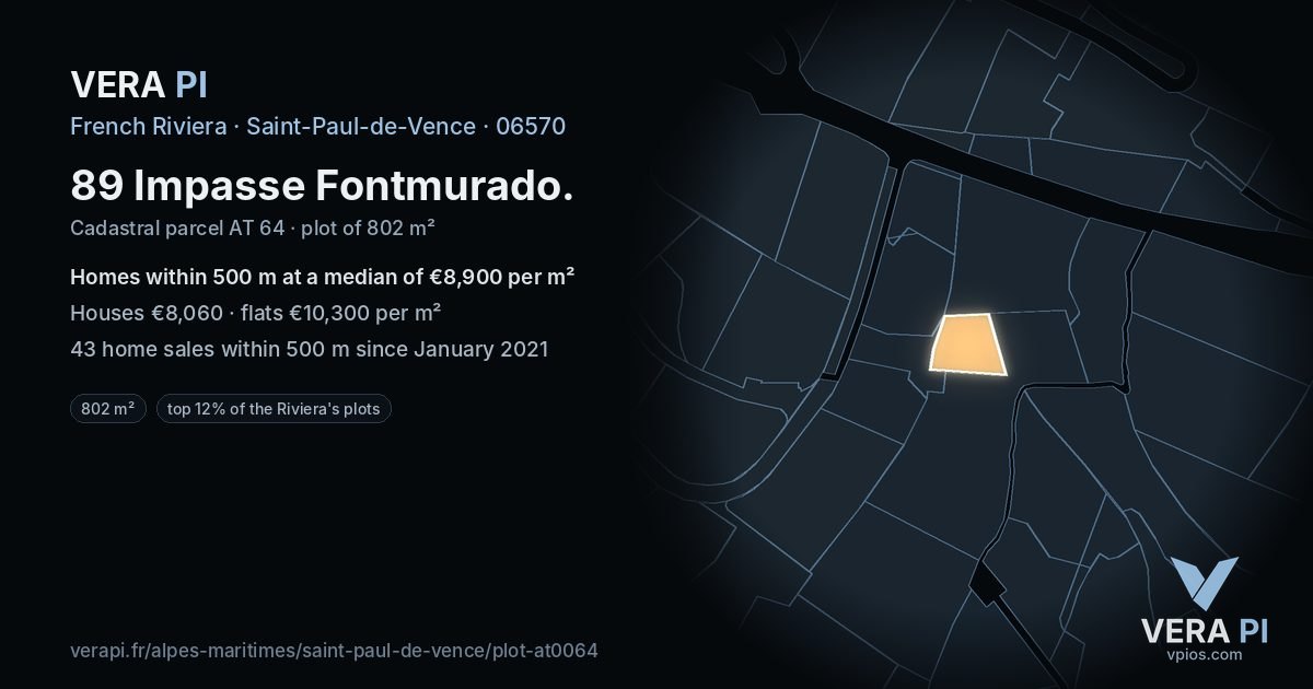 89 Impasse Fontmurado, Saint-Paul-de-Vence at night – the plot lit, the parcels around coloured by the prices near them