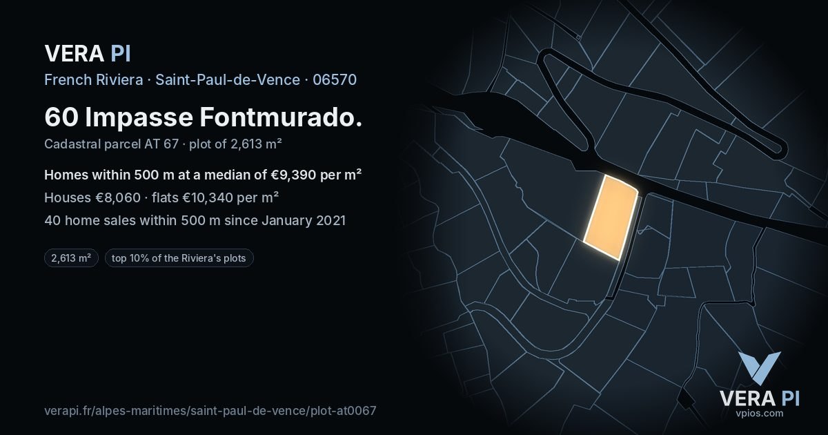 60 Impasse Fontmurado, Saint-Paul-de-Vence at night – the plot lit, the parcels around coloured by the prices near them